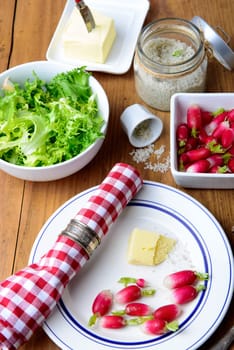 plate with radish, butter and salad on a table