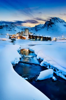 Evening landscape and ski resort in French Alps,Tignes, Tarentaise, France