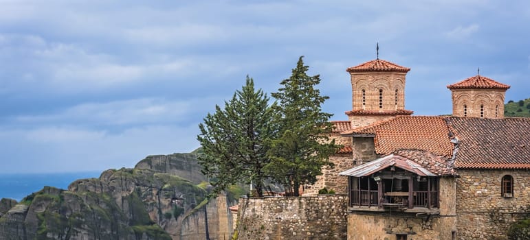 Panoramic view of the stunningly located on top of a rock Holy Monastery of Great Meteoron in Meteora, Greece