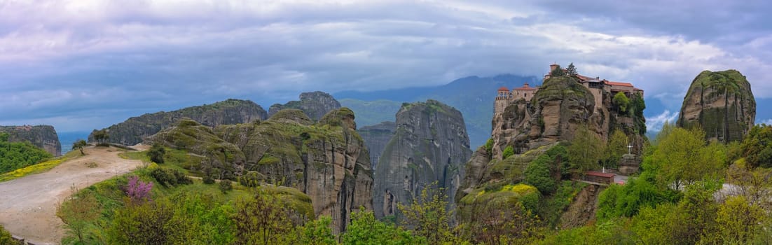 Panoramic view of the stunningly located on top of a rock The Monastery of Varlaam, Meteora, Greece