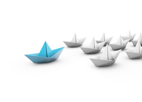 Leadership concept with a blue paper ship
