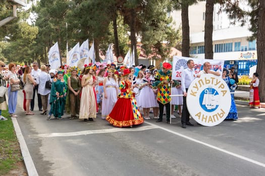 Anapa, Russia - May 1, 2019: May Day demonstration, participants with a poster "Culture of Anapa"" in the resort city of Anapa"