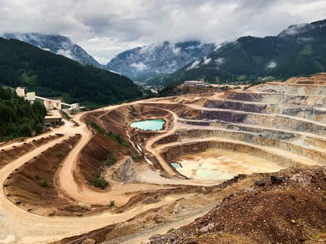 Open Cast Mining Erzberg, Austria, landscape of winding roads for mining