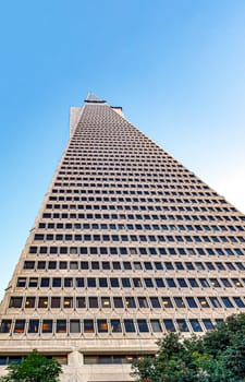 San Francisco, CA, USA, October 2016: The Transamerica Pyramid viewed from below. The Transamerica Pyramid was the tallest building in San Francisco until 2018