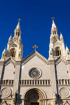 The external facade of the Catholic Church of Saints Peter and Paul in San Francisco's North Beach neighborhood