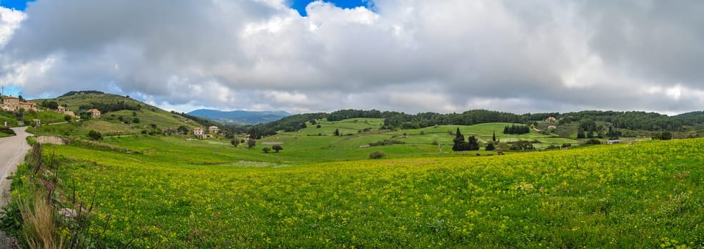 Panoramic view of the green countryside of the interior of Zante or Zakynthos Island, Greece