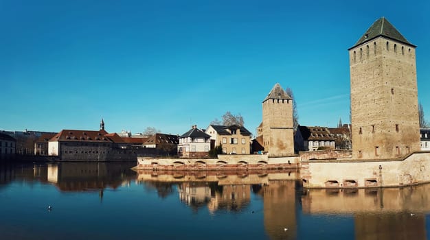 Medieval bridge towers Ponts Couverts and Barrage Vauban located in the historic district "Petite France"", Strasbourg, Alsace, France."