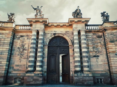 Rohan Palace gate with columns as entrance to Strasbourg city Archaeological Museum, Decorative Arts and Fine Art.