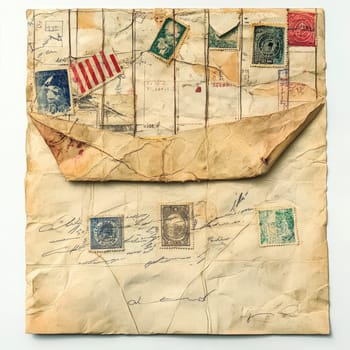 An old envelope showcases various colorful stamps from different countries, featuring handwritten notes and postmarks, reflecting the history of postal communication.