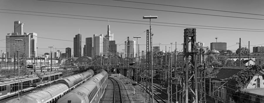 Skyscrapers and the railway aerial of frankfurt am main central station in black and white