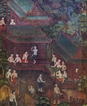 BANGKOK ,THAILAND - NOVEMBER 5, 2014 : Ancient Buddhist temple mural painting of the life of Buddha inside of Wat Pho in Bangkok, Thailand