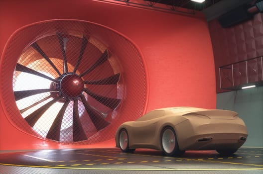 3D illustration. Clay car inside wind tunnel. Design without real car reference and without copyright. Concept sports car, industry of transportation.