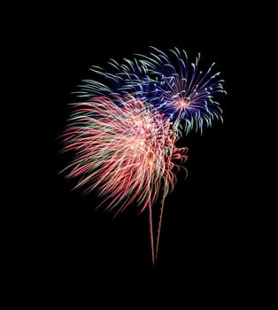 Colorful exploded fireworks display, isolated on black background