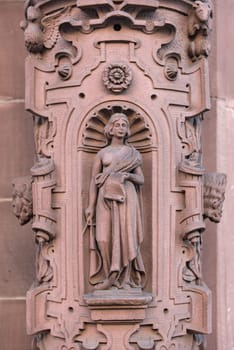sandstone sculpture on the outer facade of the rathaus roemer frankfurt am main germany