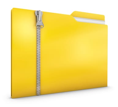 Yellow folder with zipper on a white background. 3d render