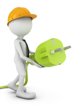 The man in the helmet is holding a European power plug. 3d render.