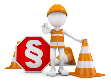 A man in a helmet next to a road sign with a paragraph. 3d render