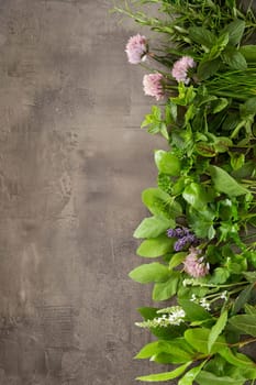Vertical border of different fresh aromatic herbs for cooking with edible flowers on a textured grey slate background with copy space