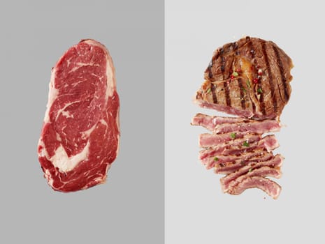 Chunk of uncooked beef over grey backdrop next to cooked beef with several slices cut out over light grey backdrop