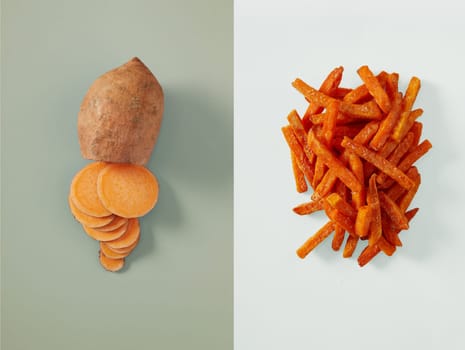 Single sliced sweet potato next to small pile of sweet potato fries on top of two tone grey background