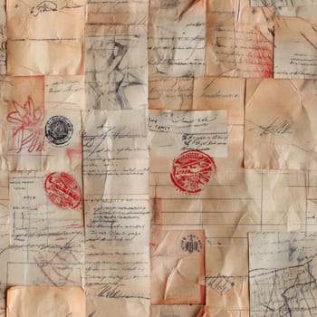 An old envelope showcases a fascinating assortment of stamps, handwritten letters, and faded postmarks. Each detail tells a story from a bygone time, evoking nostalgia and history.