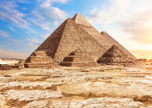 The Pyramids in the sand and stones, Giza, Egypt.