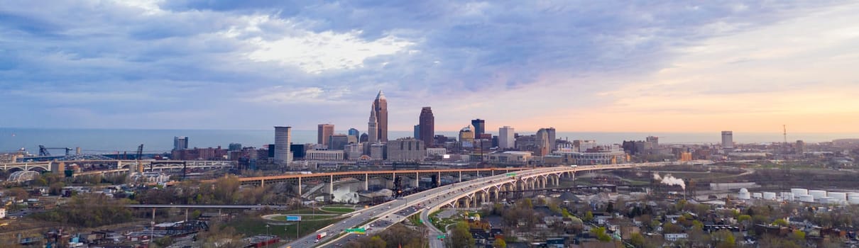 A dramatic sunrise over the urban city center of Clevland Ohio