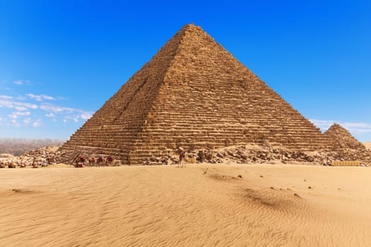 The Pyramid of Menkaure and the blue sky of Giza, Egypt.