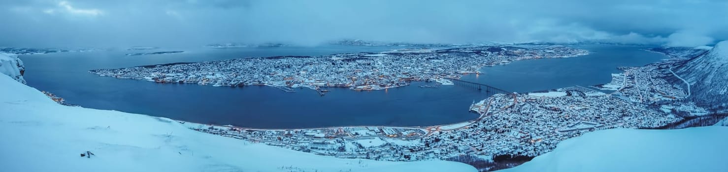 Panoramic aerial view of the city of Tromso in winter, Northern Norway