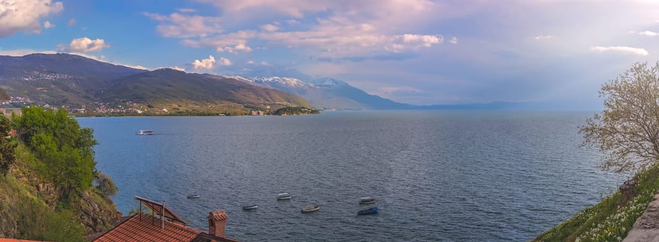 Panorama of the stunningly beautiful Lake Ohrid, Republic of Macedonia