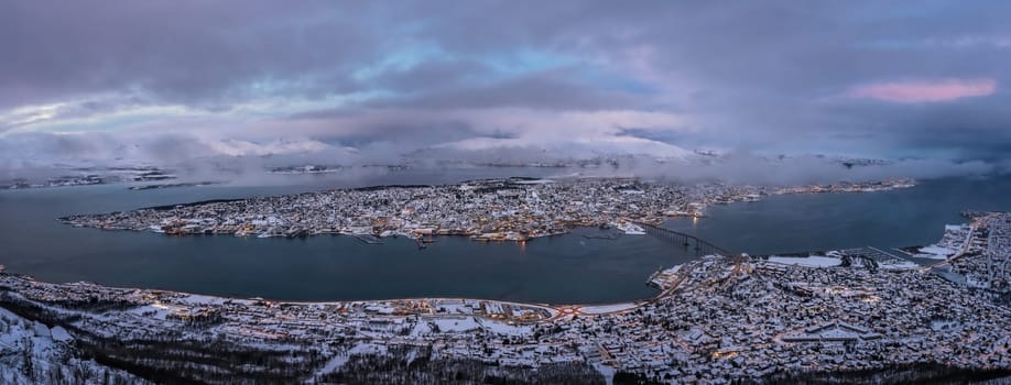 Panoramic aerial view of the city of Tromso in winter, Northern Norway