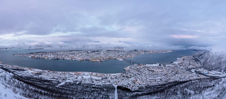 Panoramic aerial view to the city of Tromso in winter, Northern Norway