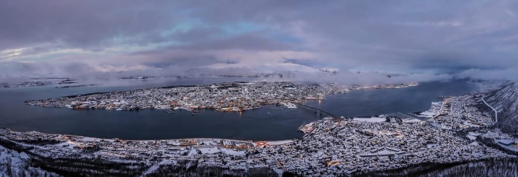 Panoramic aerial view of the city of Tromso in winter, Northern Norway