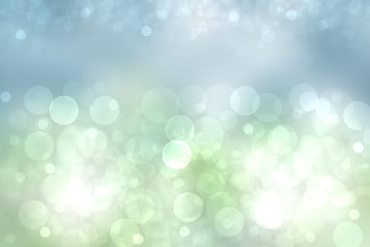 Abstract bright spring or summer landscape texture with natural light green bokeh lights and blue bright sunny sky. Autumn or summer background with copy space.