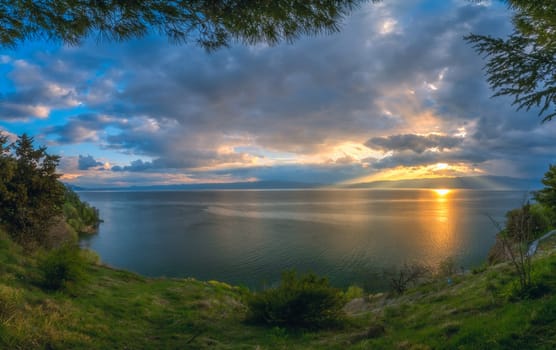 Panoramic view of a sunset over stunningly beautiful Lake Ohrid, Republic of Macedonia