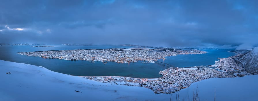 Panoramic aerial view to the city of Tromso in winter, Northern Norway