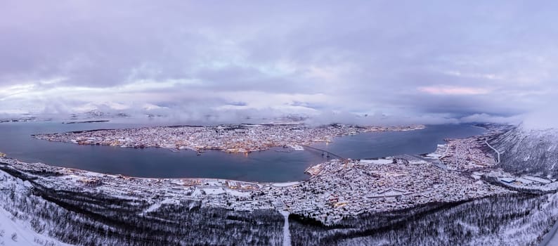 Panoramic aerial view to the city of Tromso in winter, Northern Norway