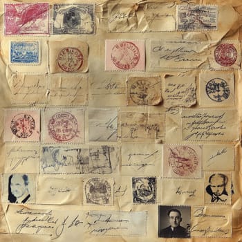 An old envelope displays an intriguing assortment of vintage stamps and handwritten notes, showcasing postal history and artwork from various eras and locations.
