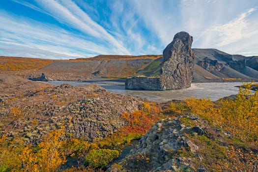 Powerful River Cutting through Volcanic Rock in the Fall in Hljodaklettar National Park in Iceland
