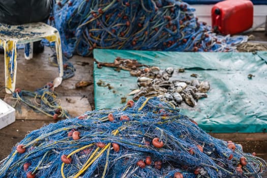 Pile of blue fishing nets and freshly caught small fish on a boat deck in Zante Island, Greece