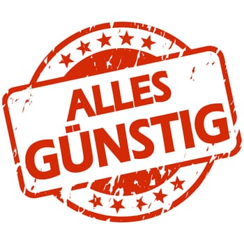 EPS 10 vector with round red colored stamp with banner and text everything cheap (in german)