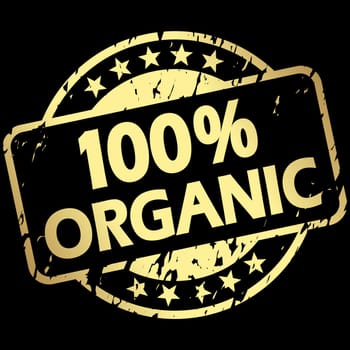 EPS 10 vector with round golden colored grunge stamp with banner and text 100% organic