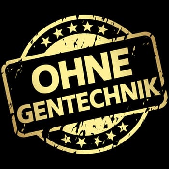 EPS 10 vector with round golden colored stamp with banner and text without genetic engineering (in german)