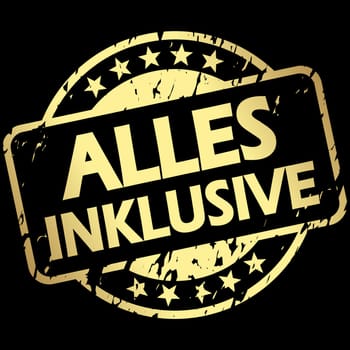 EPS 10 vector with round golden colored stamp with banner and text all inclusive (in german)