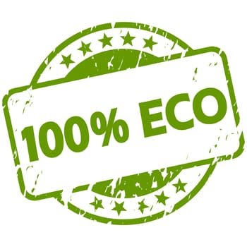 EPS 10 vector with round green colored grunge stamp with banner and text 100% Eco