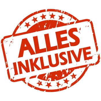 EPS 10 vector with round red colored stamp with banner and text all inclusive (in german)