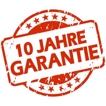 EPS 10 vector with round red colored grunge stamp with banner and text 10 years warranty (in german)