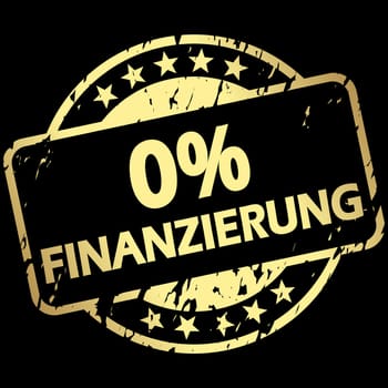 EPS 10 vector with round golden colored grunge stamp with banner and text 0% financing (in german)