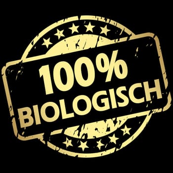 EPS 10 vector with round golden colored grunge stamp with banner and text 100% biological (in german)