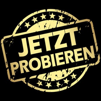 EPS 10 vector with round golden colored stamp with banner and text try now (in german)
